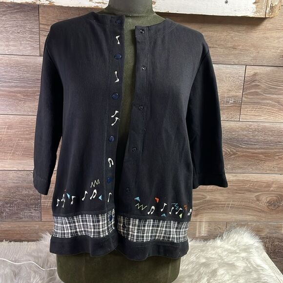 Onque Casuals Ladies Black Cardigan,Size Small,Embroidered Musical Notes,Vintage - Picture 7 of 8